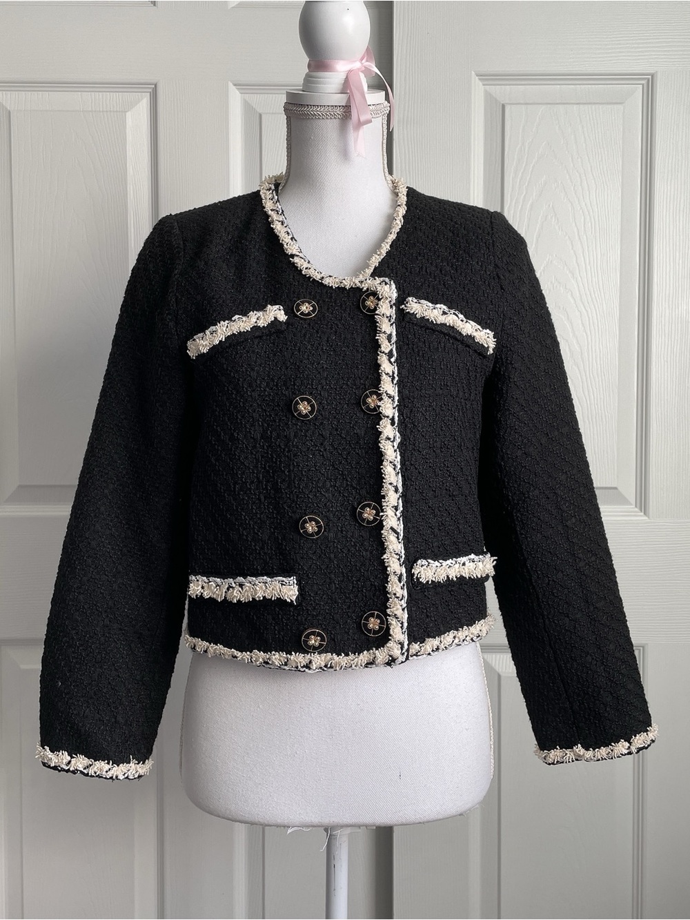Cropped Black Tweed Jacket with Cream Trim